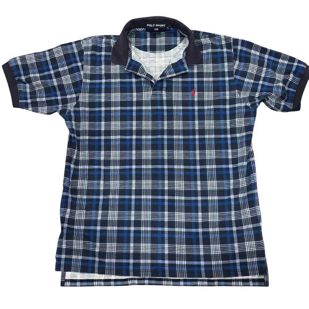 Vintage 90s Polo Sport Ralph Lauren Blue Plaid Cotton Knit Polo Shirt Men's XL